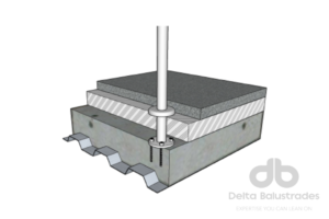 A digital drawing showing a balustrade being fixed through screed and into a concrete substrate